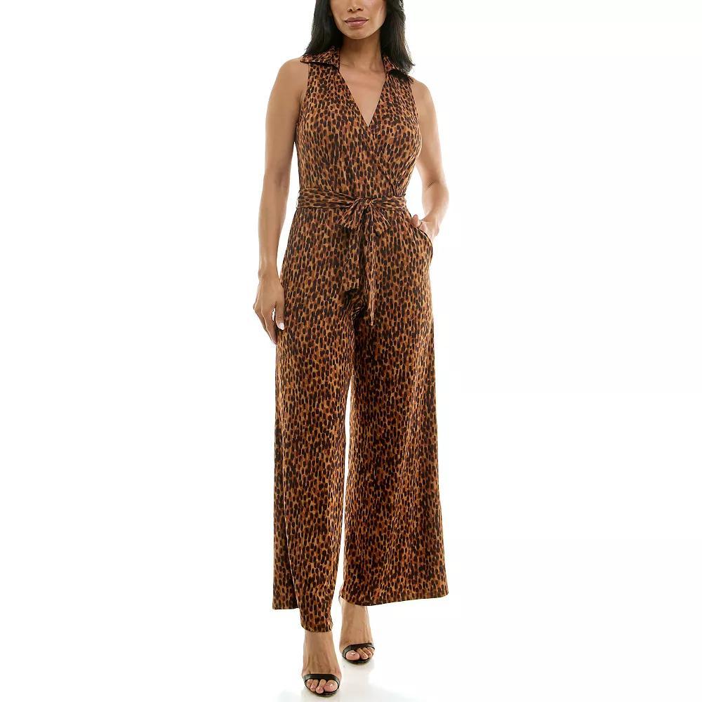 Womens Nina Leonard Print Collared Sleeveless Surplice Wide-Leg Jumpsuit Product Image