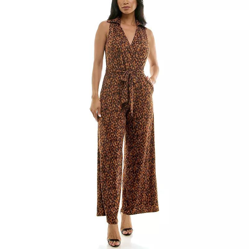 Womens Nina Leonard Print Collared Sleeveless Surplice Wide-Leg Jumpsuit Product Image