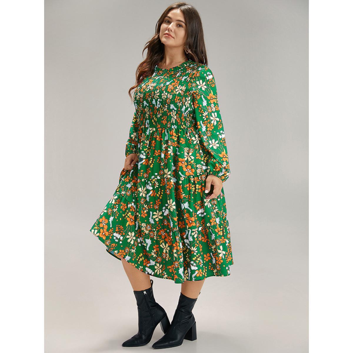 Plus Size Floral Print Keyhole Shirred Dress Green Women Elegant Elastic cuffs Mock Neck Long Sleeve Curvy Midi Dress BloomChic 26/4X Product Image
