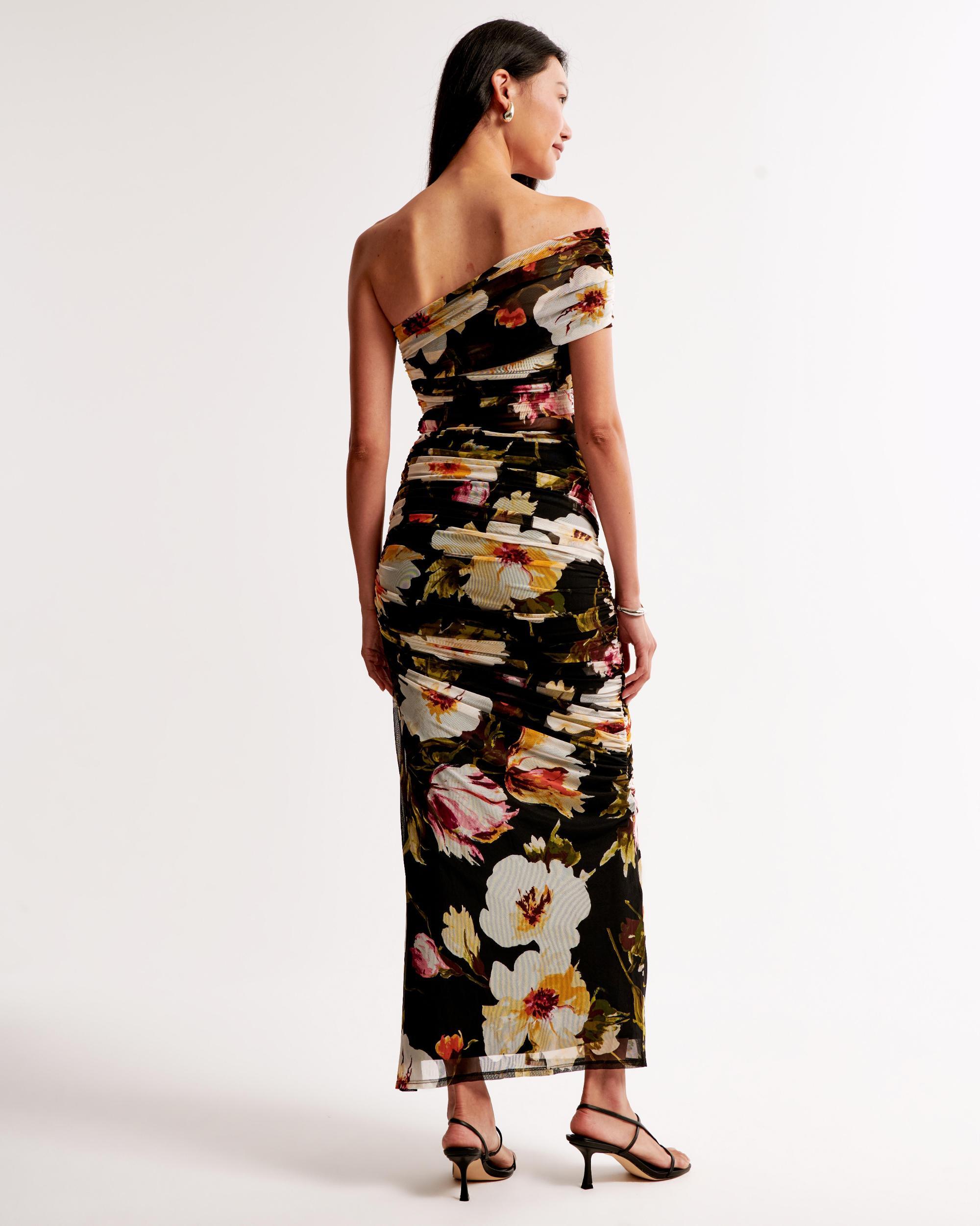 Mesh Asymmetrical Off-The-Shoulder Draped Maxi Dress Product Image