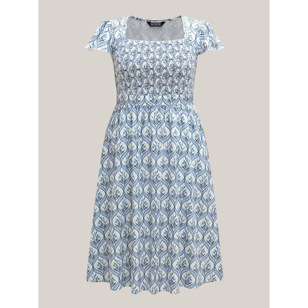 Plus Size Boho Floral Print Shirred Pockets Midi Dress LightBlue Women Square Neck Cap Sleeve Curvy BloomChic 28/5X Product Image