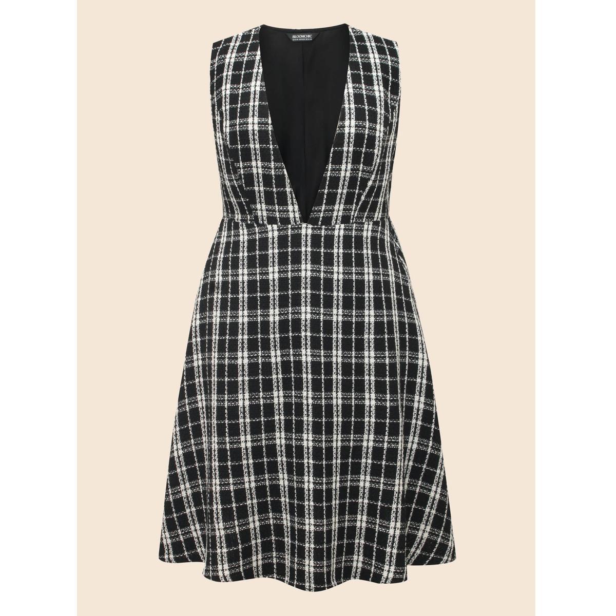 Plus Size Tweed Elastic Waist Overall Dress Black Women Elegant Texture Deep V-neck Sleeveless Curvy BloomChic 14-16/1X Product Image