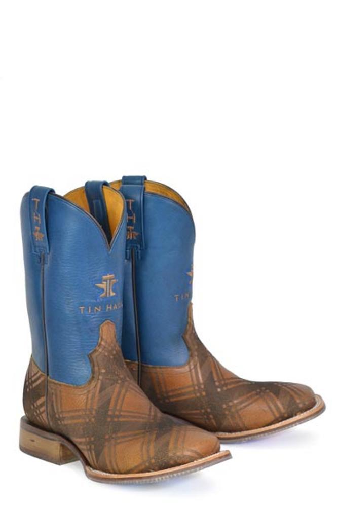 SALE Tin Haul® Men's Criss Cross Tan/Blue Upper Geo Rider Sole Square Toe Boots Product Image