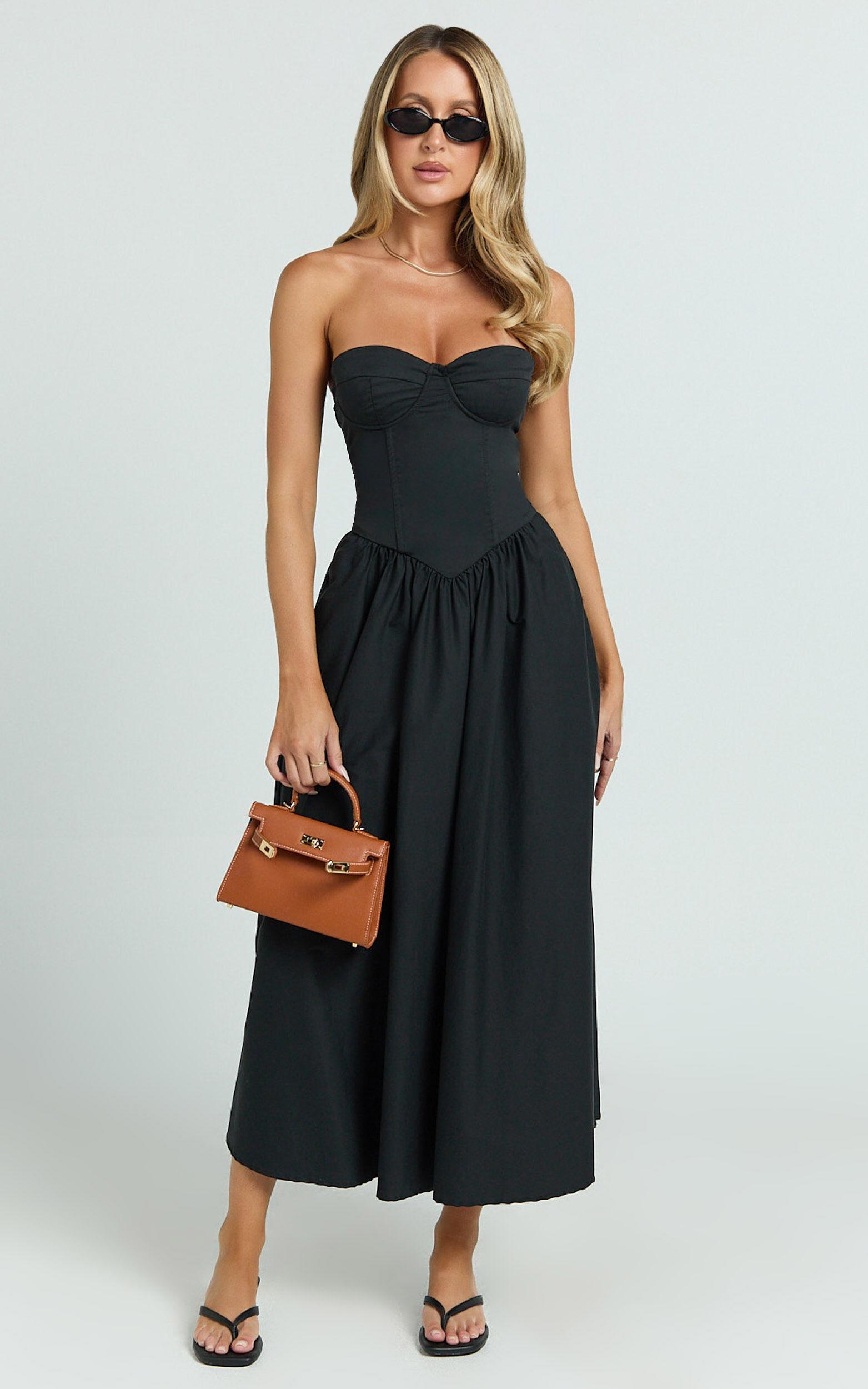 Daria Midi Dress - Strapless Corset Gathered Dress in Black Product Image