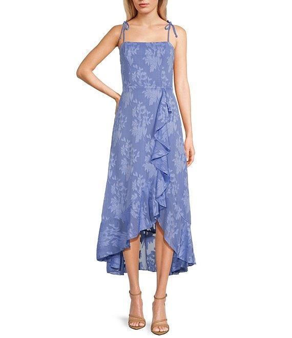Floral Tie Strap Ruffle Side Slit Midi Dress Product Image
