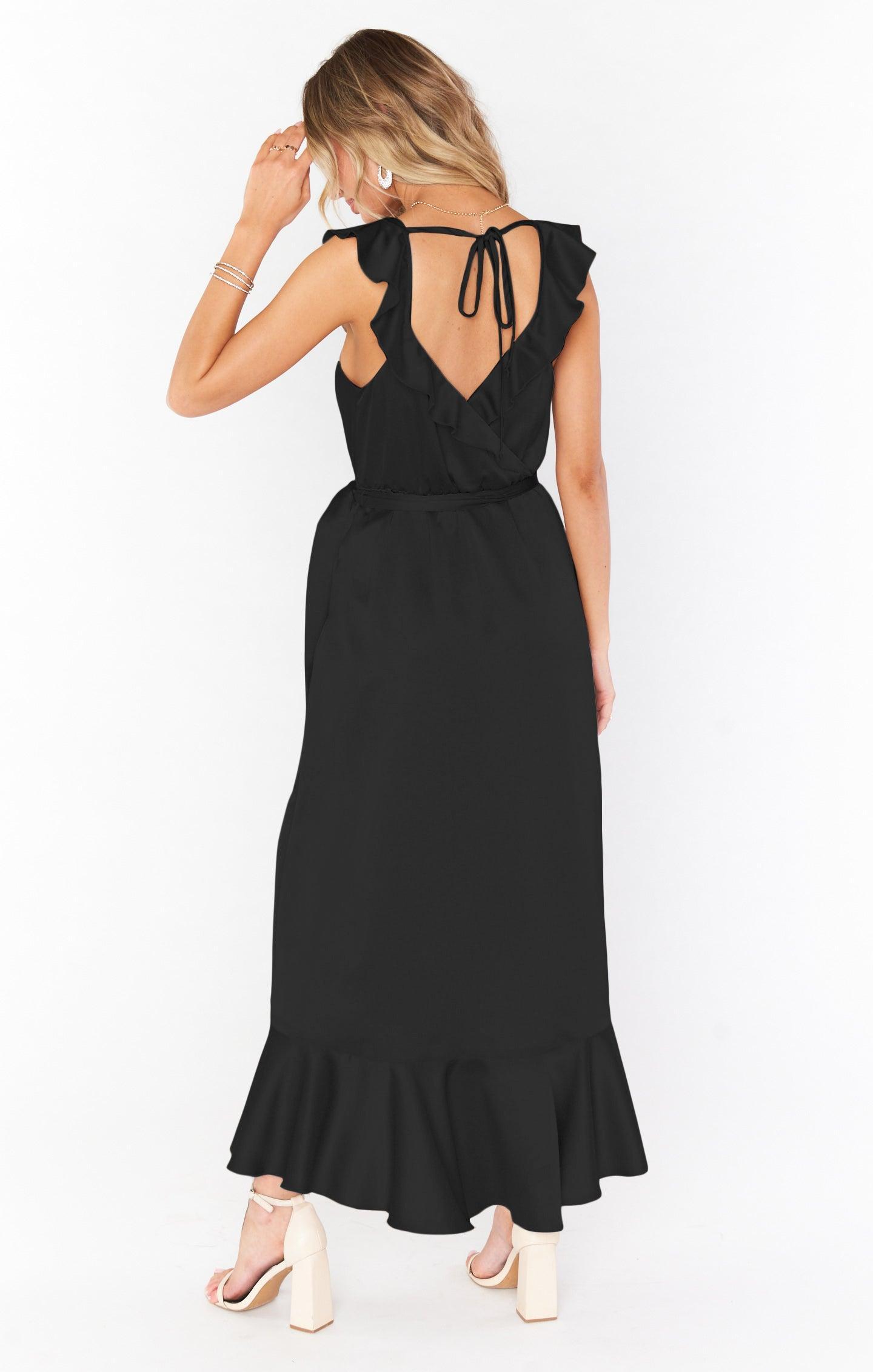 Samantha Ruffle Wrap Dress ~ Black Luxe Satin Product Image