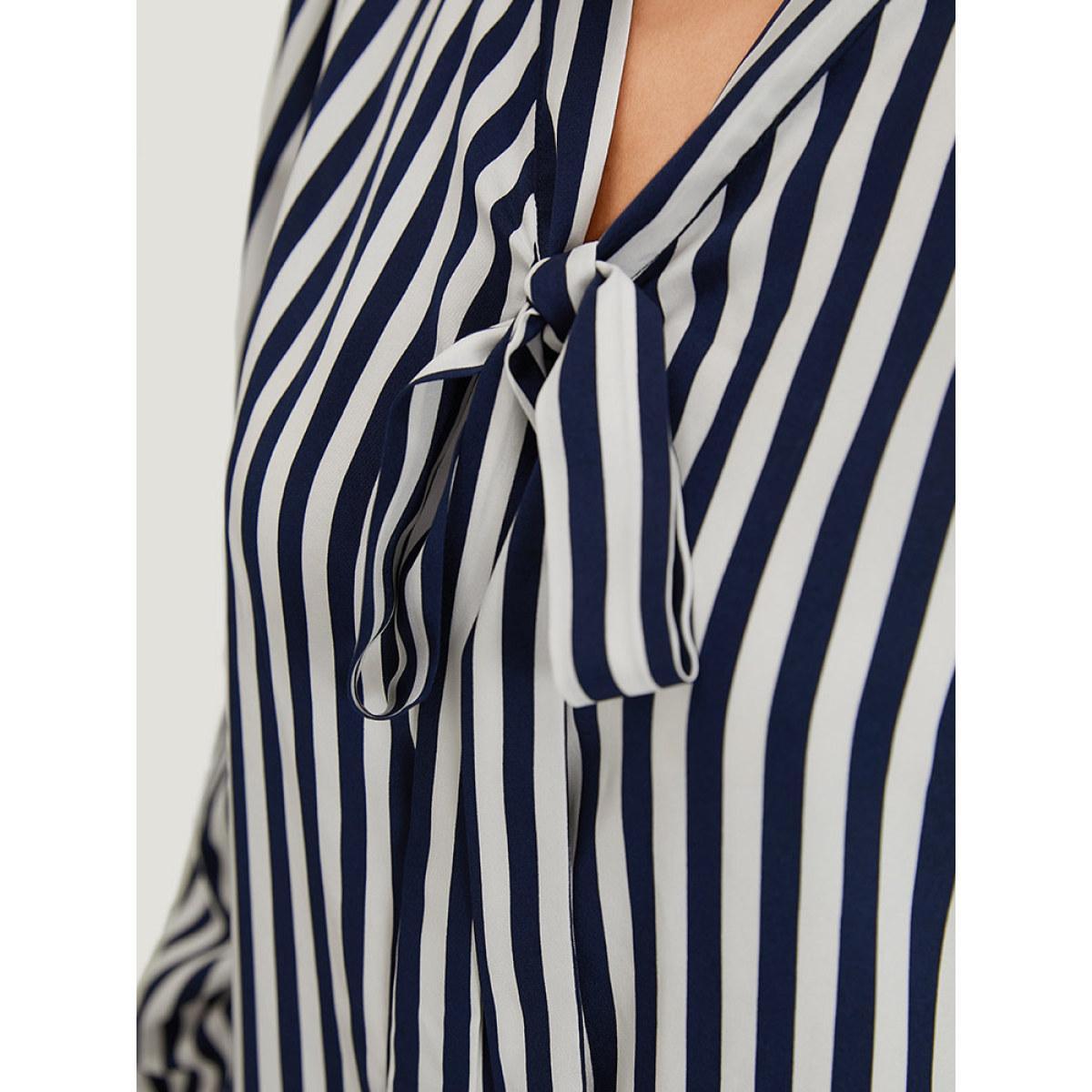 Plus Size Indigo Striped Bowknot V Neck Curved Hem Woven Top Women Office Long Sleeve Shirt collar Work Blouses BloomChic 12/L Product Image