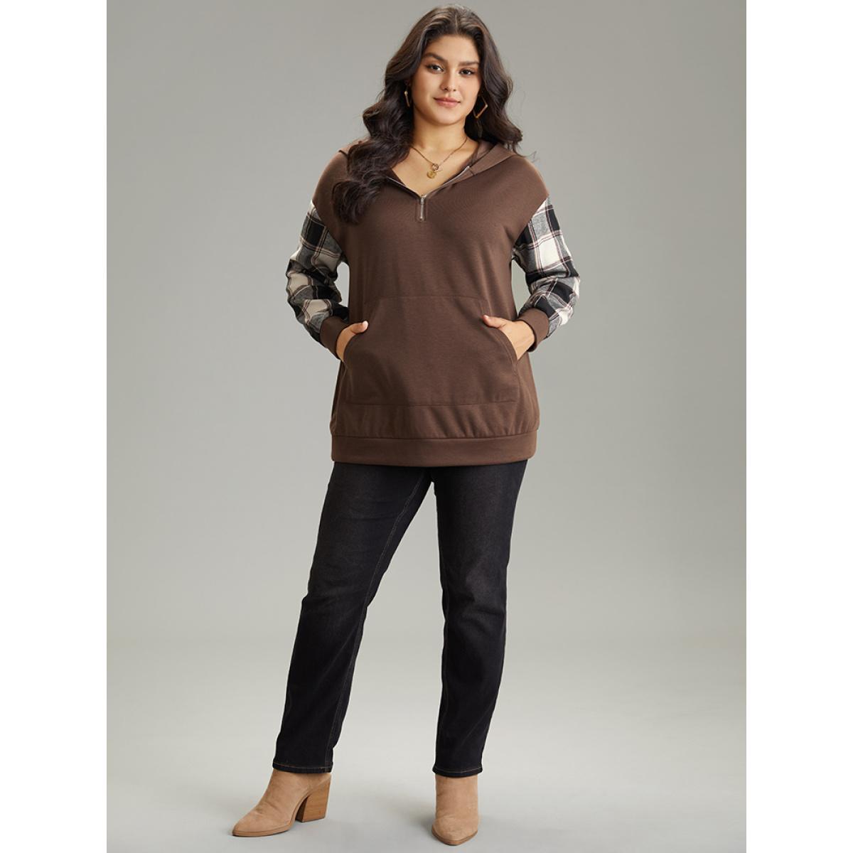 Plus Size Plaid Patchwork Half Zip Pocket Hooded Sweatshirt Women DarkBrown Casual Zipper Hooded Everyday Sweatshirts BloomChic 26/4X Product Image