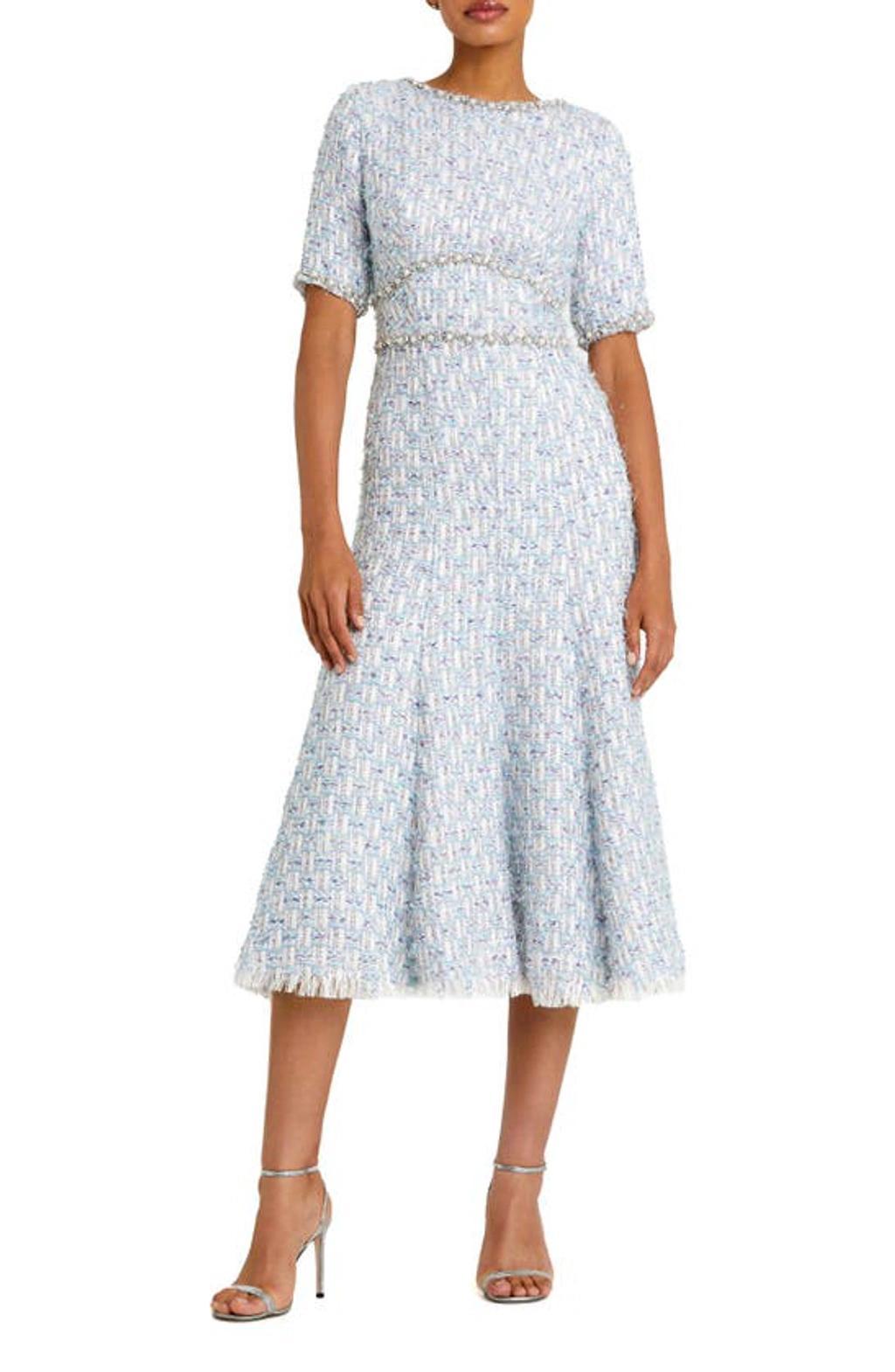Mac Duggal Womens Short Sleeve Beaded Trim Boucle Midi Dress Product Image