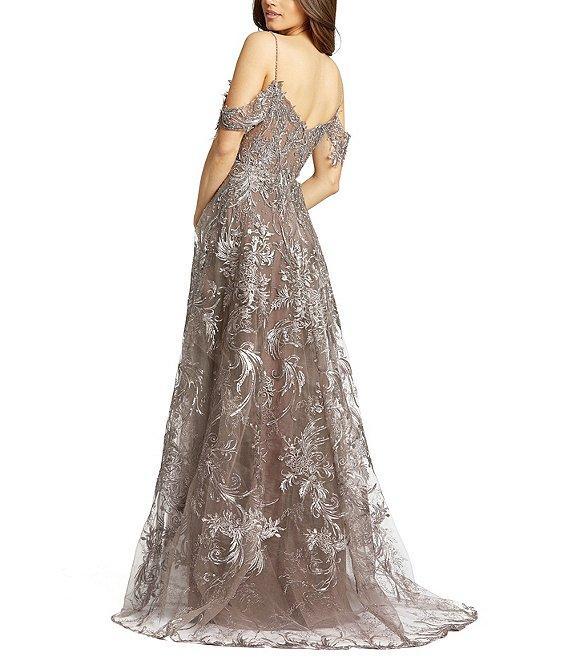 Mac Duggal Off The Shoulder Corset Waist Embroidered Mesh Aline Dress Product Image