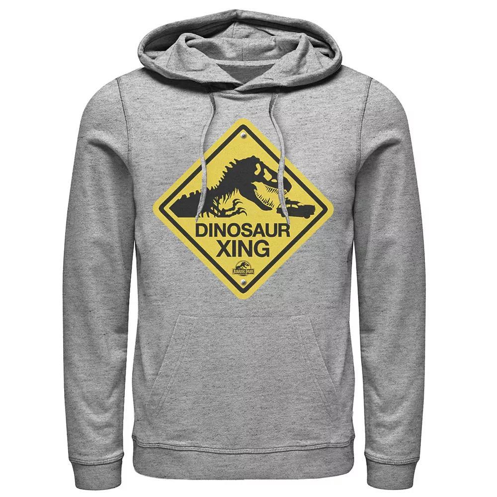 Men's Jurassic Park Dinosaur Crossing Yellow Sign Pullover Hoodie, Size: Small, Grey Heather Product Image