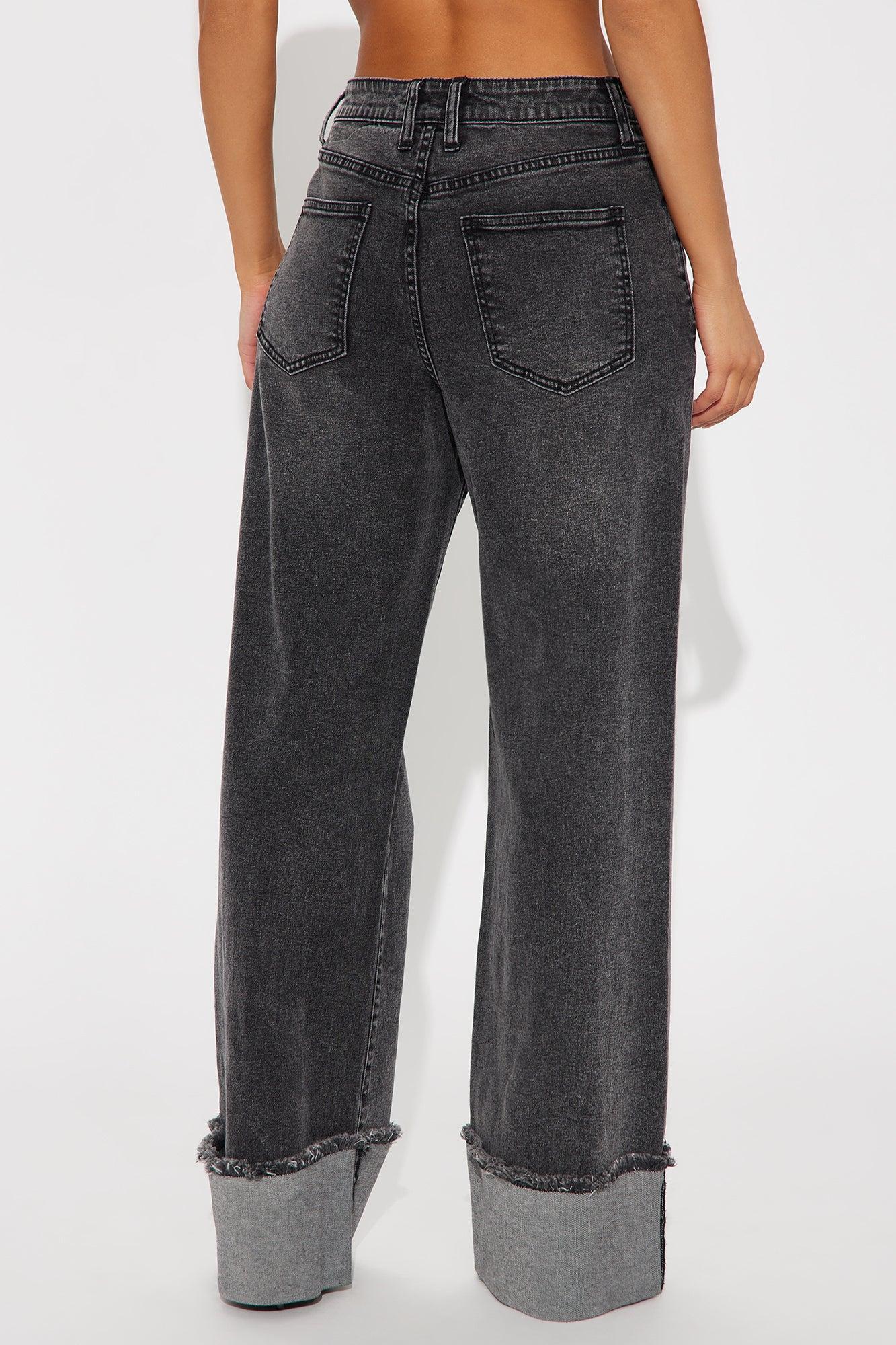 All The While Cuffed Wide Leg Jeans - Black Wash Product Image