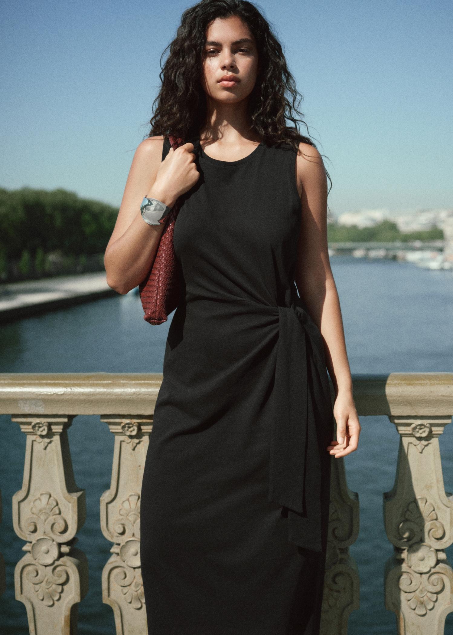 Cotton midi-dress with knot detail - Women | MANGO USA Product Image