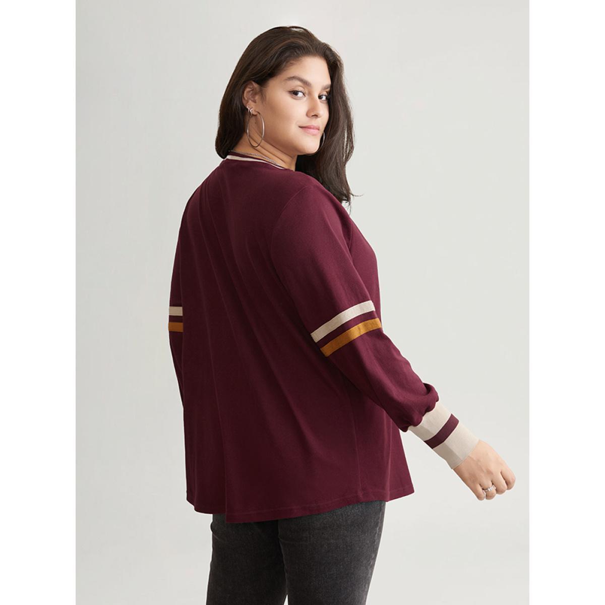 Plus Size Striped Contrast Round Neck Rib Knit Sweatshirt Women Burgundy Casual Contrast Round Neck Everyday Sweatshirts BloomChic 10/M Product Image