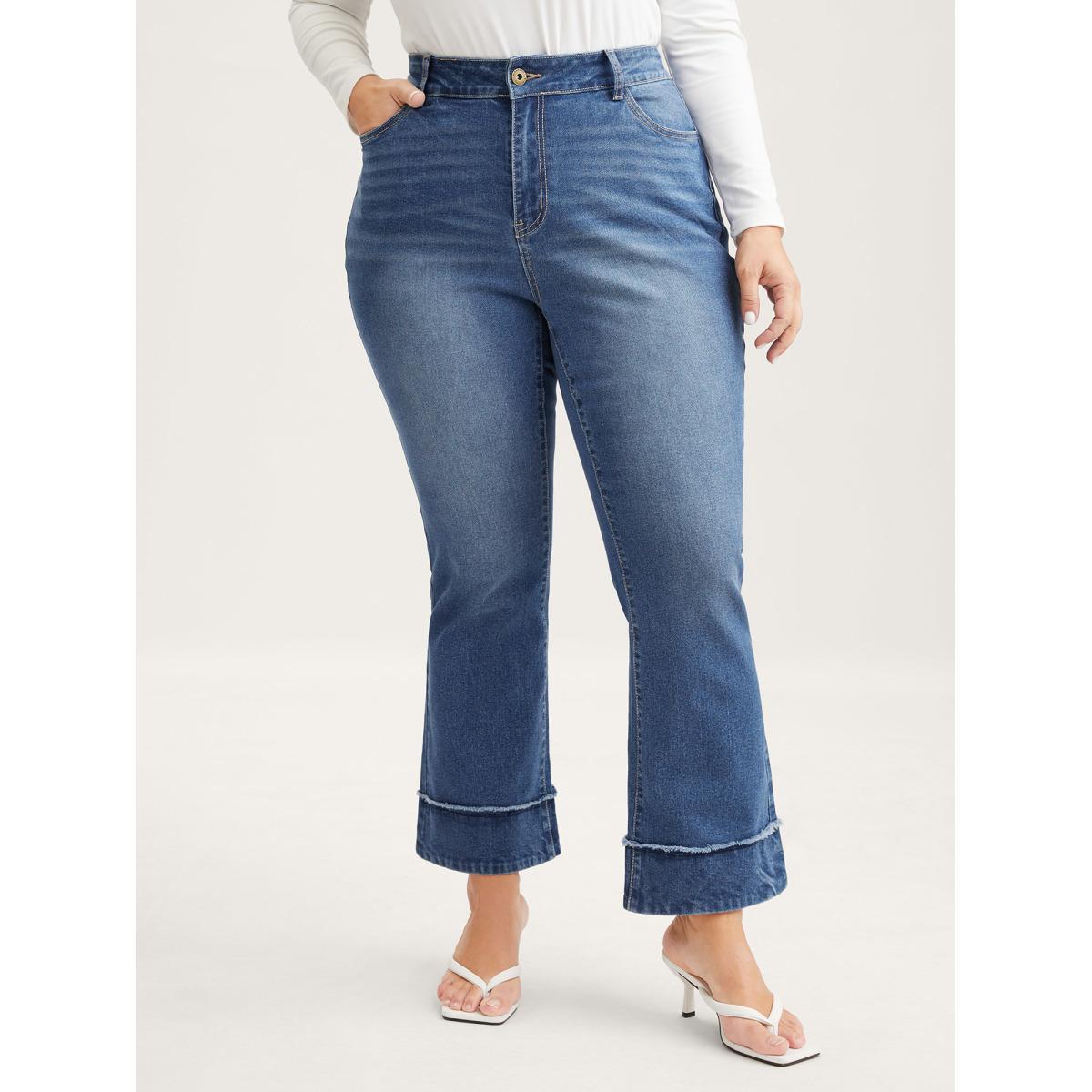 Plus Size Vintage Raw Hem Bootcut Jeans Women Denimblue Medium stretch Slanted pocket Jeans BloomChic 22/3X Product Image