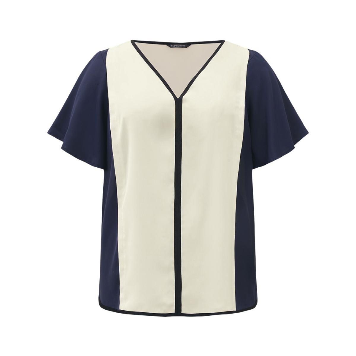 Plus Size Beige Contrast Patchwork V Neck Ruffle Sleeve Blouse Women Office Short sleeve V-neck Work Blouses BloomChic 12/L Product Image