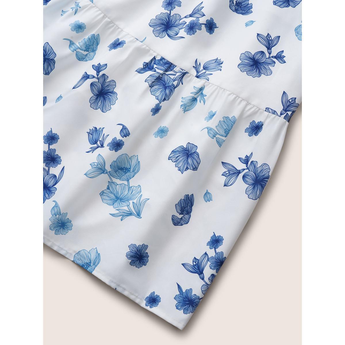 Plus Size Square Neck Floral Print Pleated Lantern Sleeve Dress White Women Elegant Non Square Neck Elbow-length sleeve Curvy Midi Dress BloomChic 22-24/3X Product Image