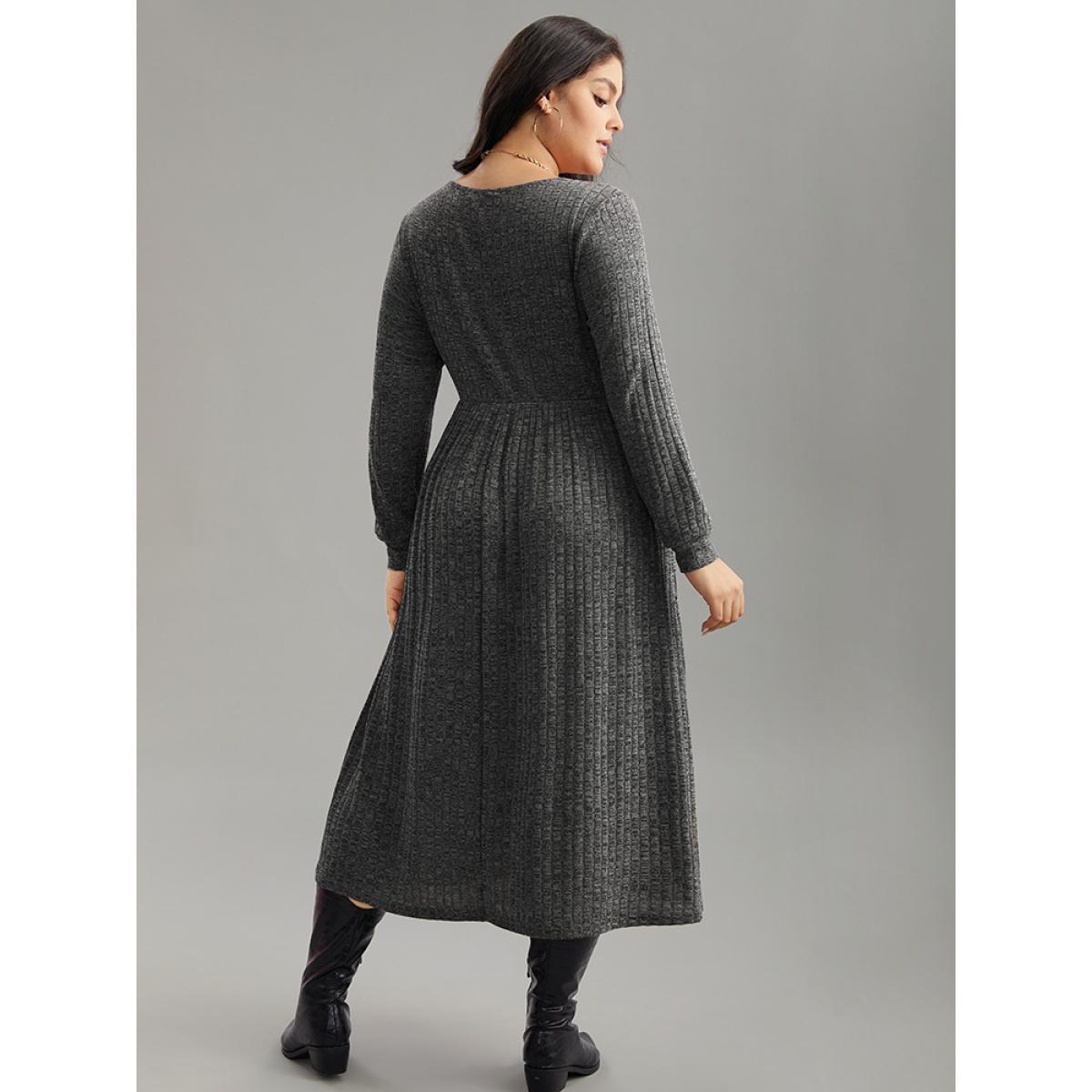 Plus Size Rib Knit Plain Plisse Long Sleeve Dress DarkGray Women Casual Rib Knit V-neck Long Sleeve Curvy Midi Dress BloomChic 28/5X Product Image