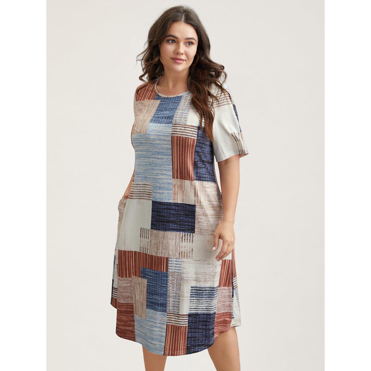 Plus Size Abstract Print Round Neck Flared Midi Dress Multicolor Women Casual Non Knit Dresses Bloomchic 14-16/1X Product Image