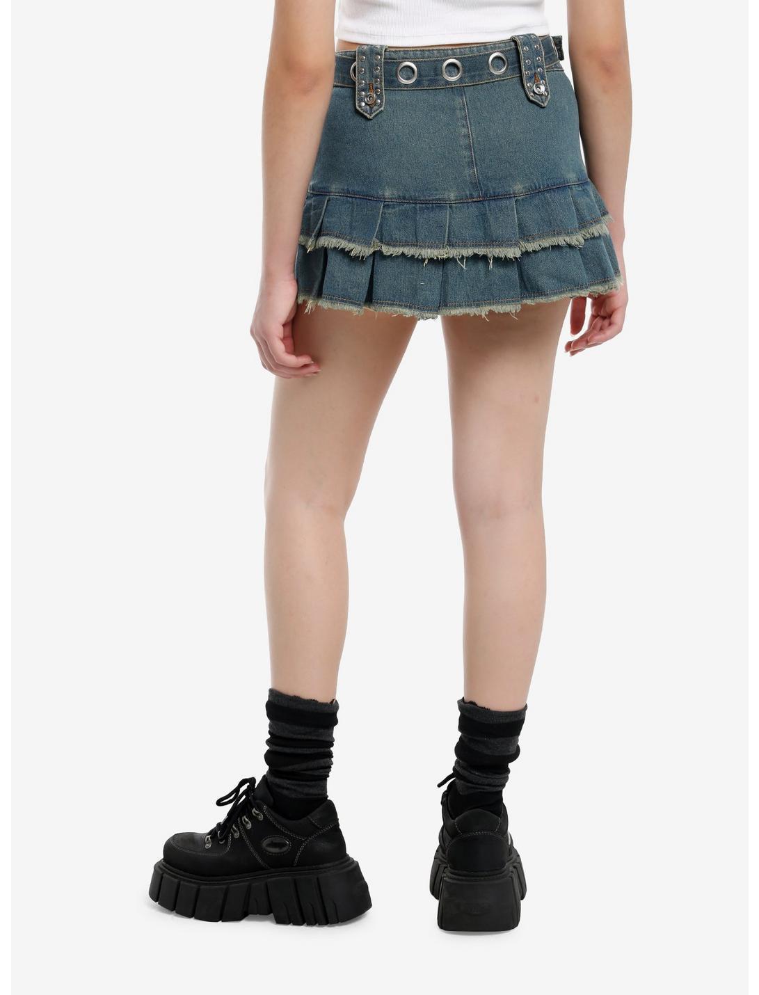 Social Collision Vintage Wash Studded Grommet Denim Mini Skirt Product Image