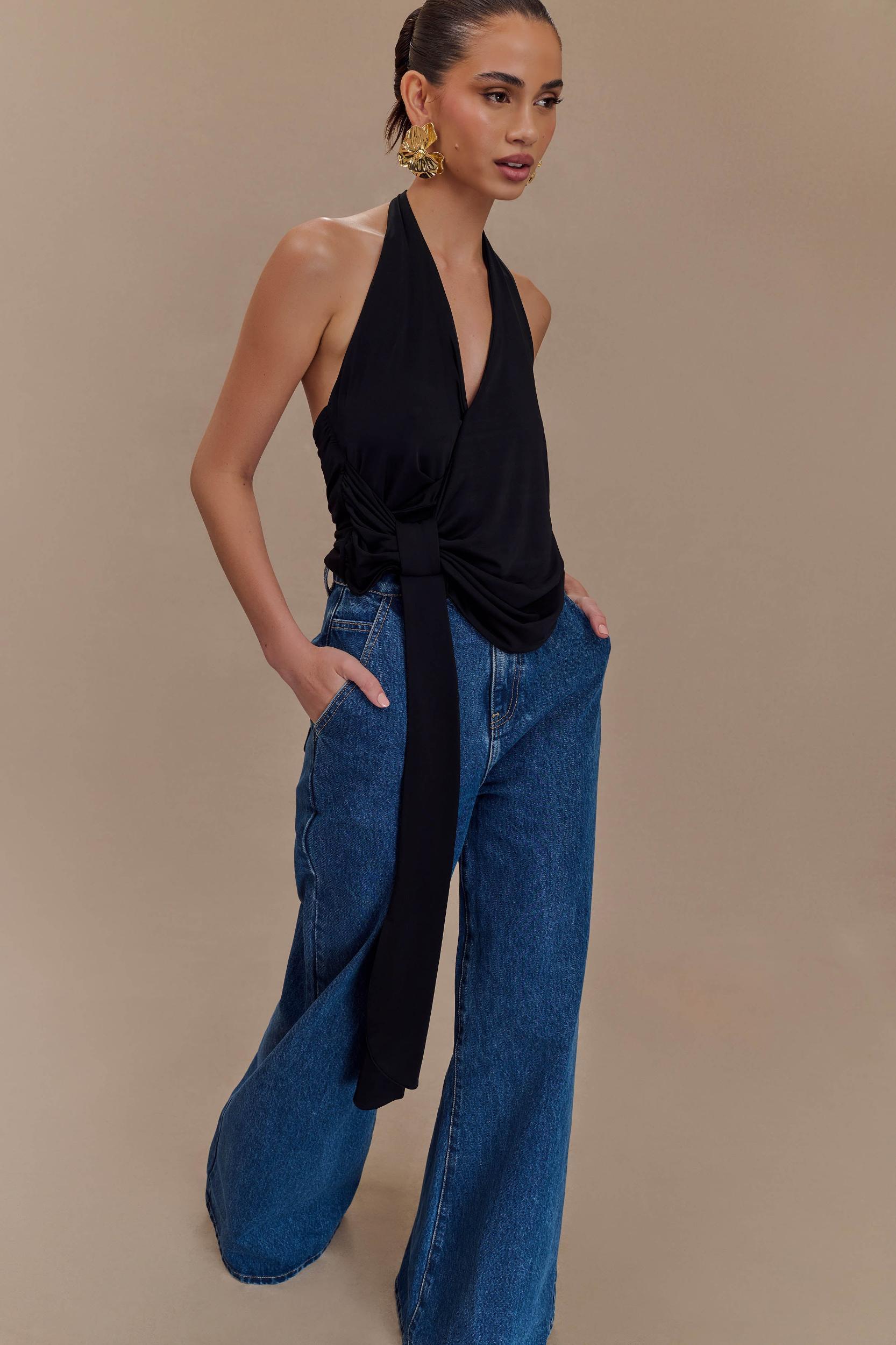 Tyla Draped Slinky Halter Top - Black Product Image