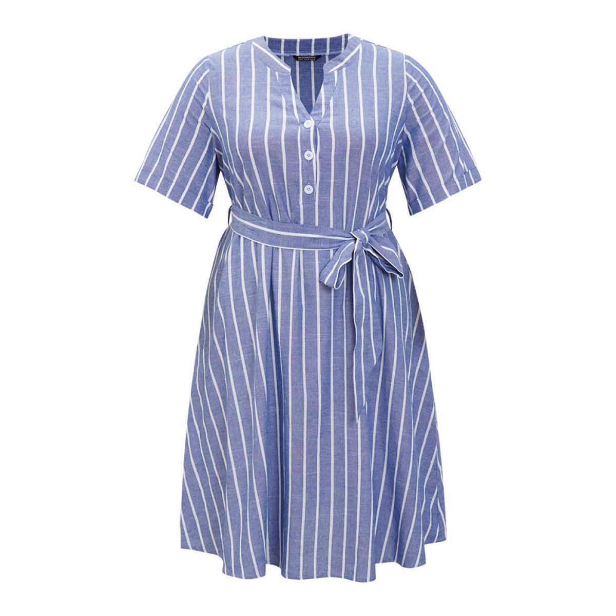 Plus Size Striped Print Belt Pocket Notched Button Up Dress Blue Women Office Cross straps Notched collar Short sleeve Curvy Midi Dress BloomChic 26/4X Product Image