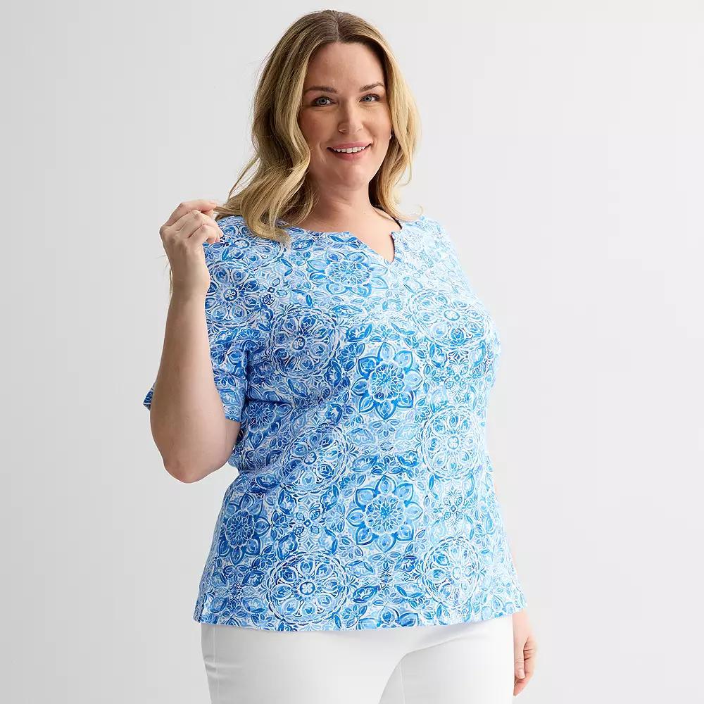 Plus Size Croft & Barrow® Elbow Sleeve Split Neck Top, Women's, Size: 1XL, Blue  Pink Product Image