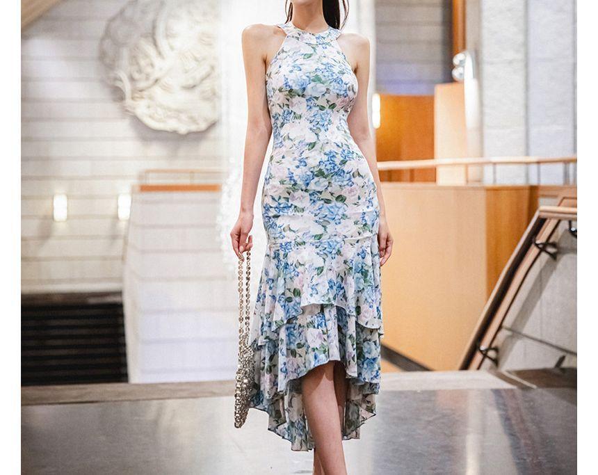 Sleeveless Crew Neck Floral Print High-Low Midi Mermaid Dress Product Image
