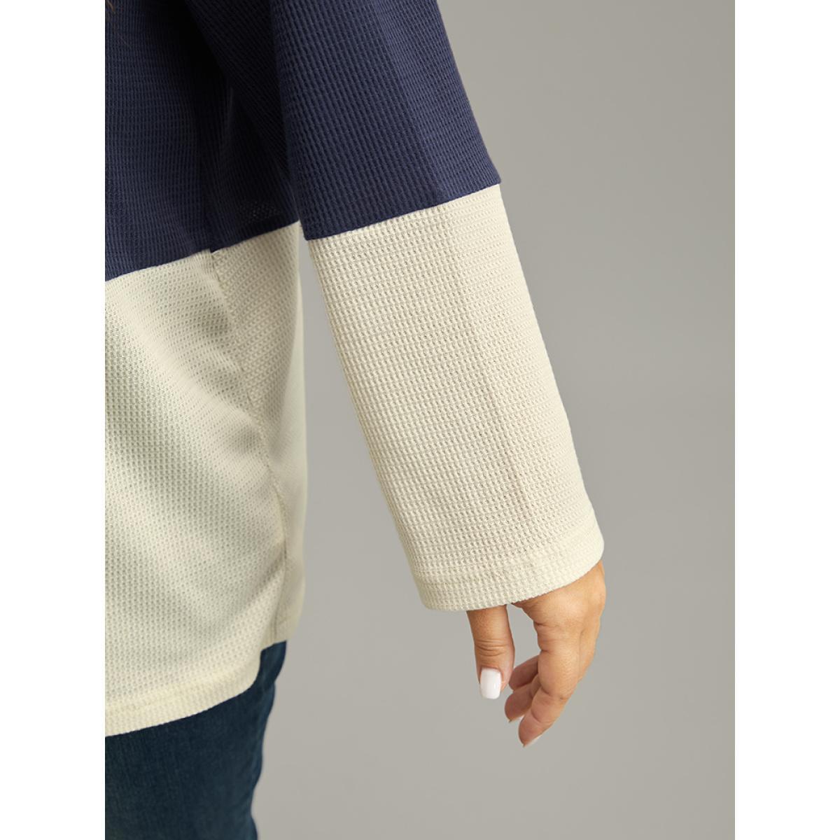 Plus Size Waffle Knit Striped Colorblock Hooded Sweatshirt Women Indigo Casual Contrast Hooded Dailywear Sweatshirts BloomChic 18-20/2X Product Image