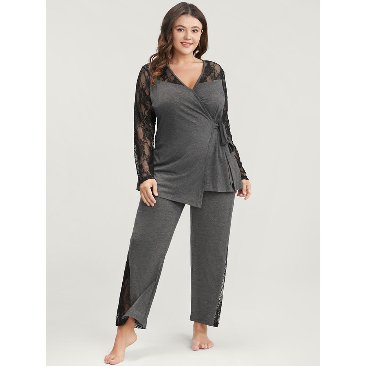 Plus Size Solid Contrast Lace Knot Side Pajama Set Women DimGray Plain Patchwork Long Sleeve V-neck Elegant Loungewear Sets BloomChic 12/L Product Image
