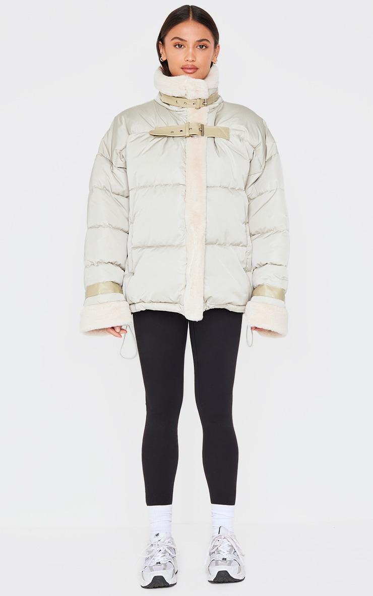 Sage Khaki Buckle Trim Detail Puffer Jacket Product Image
