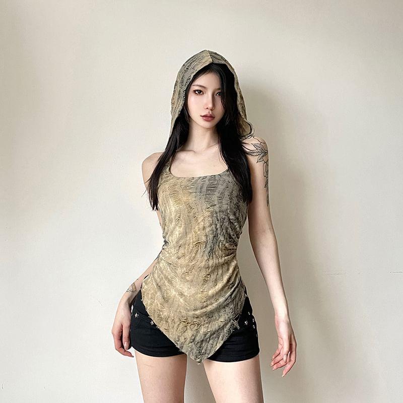 Sleeveless Square-Neck Distressed Slim-Fit Hooded Top Product Image