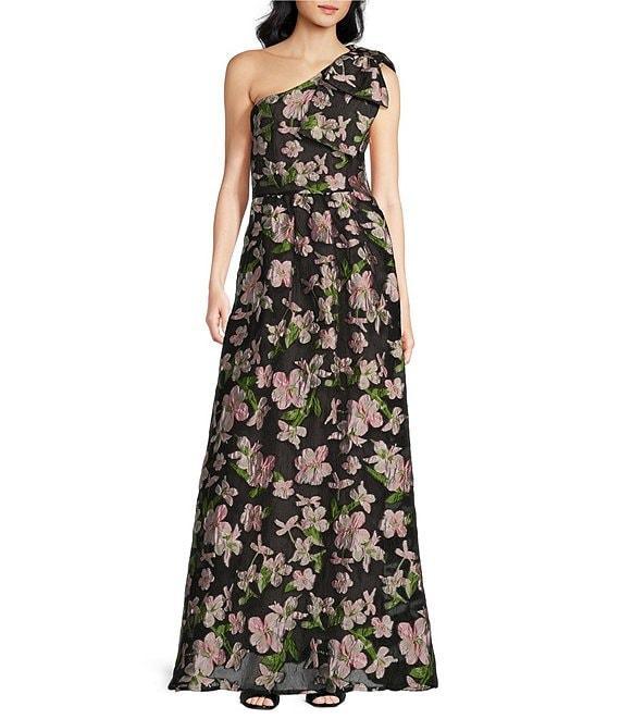 Abbey Glass Caroline Organza Floral Jacquard Asymmetrical Neck Sleeveless Bow One Shoulder Bow Pocketed A-Line Gown Product Image