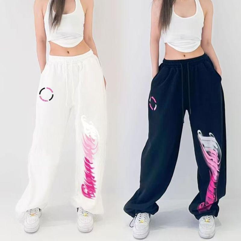 Drawstring Waist Lettering Print Wide Leg Sweatpants Product Image