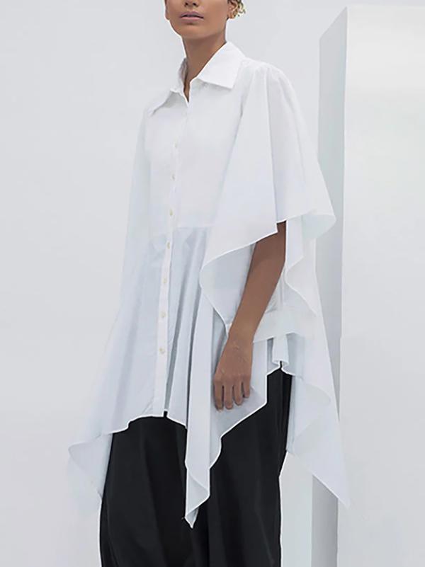 Flared Sleeves Half Sleeves Buttoned Solid Color Split-Joint Lapel Blouses&Shirts Tops Product Image