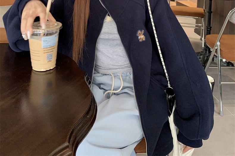 Long Sleeve Bear Print Fleeced Loose-Fit Zip-Up Jacket Product Image