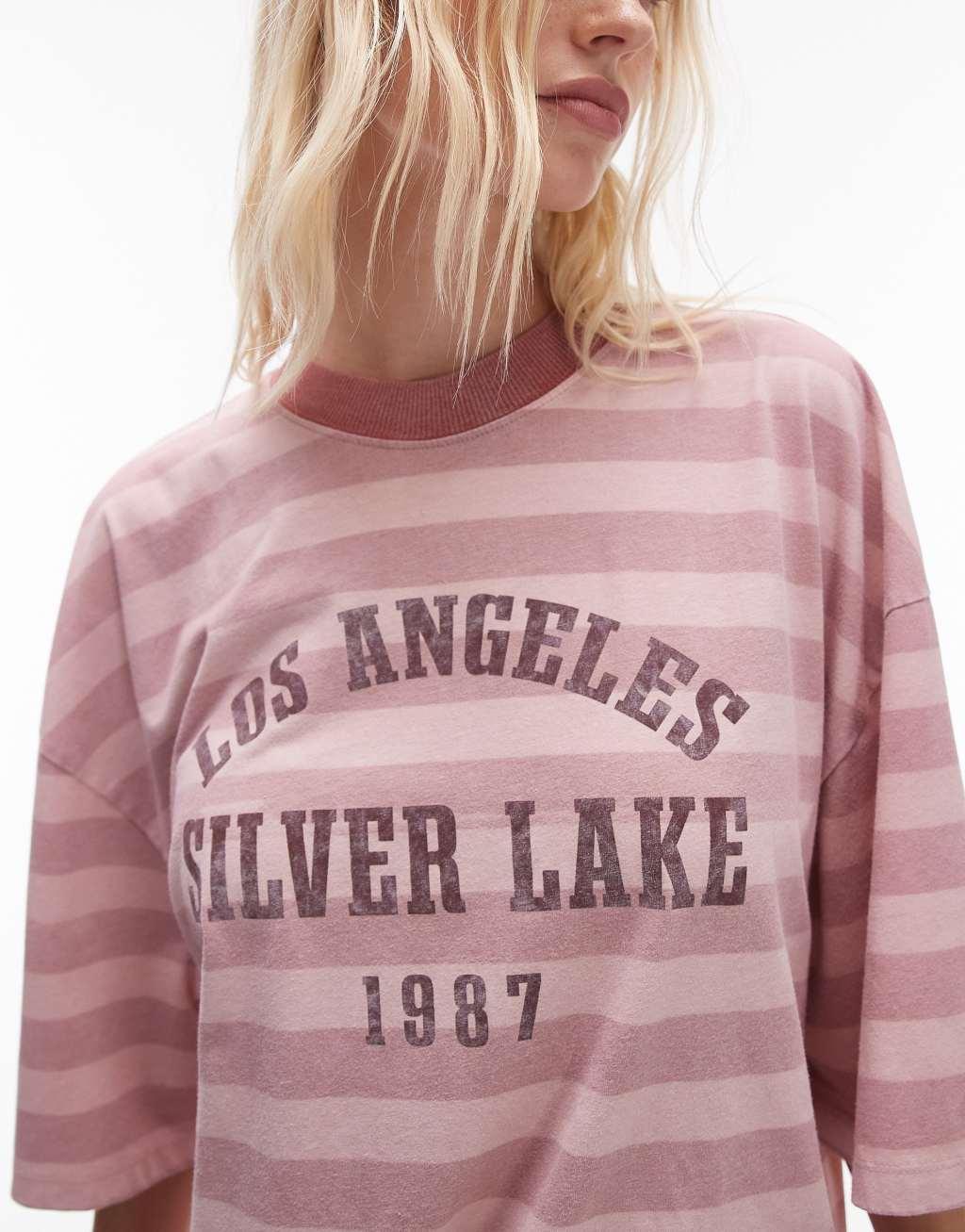 Topshop graphic Silver Lake stripe oversized tee in dusty pink Product Image