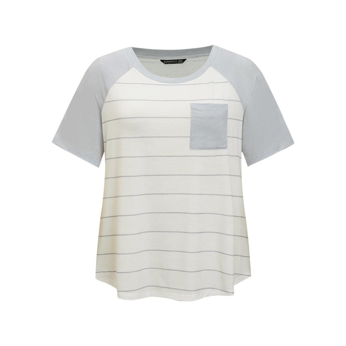 Plus Size Striped Patched Pocket Raglan Sleeve T-shirt Gray Women Casual Striped Round Neck Dailywear T-shirts BloomChic 30/6X Product Image