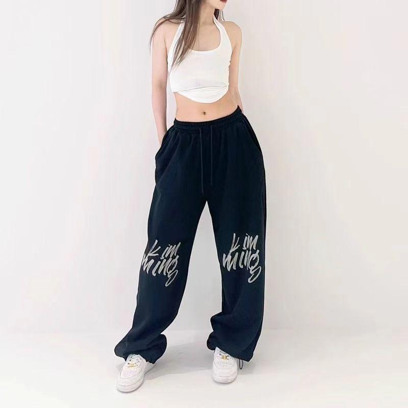 Drawstring Waist Lettering Print Wide Leg Sweatpants Product Image
