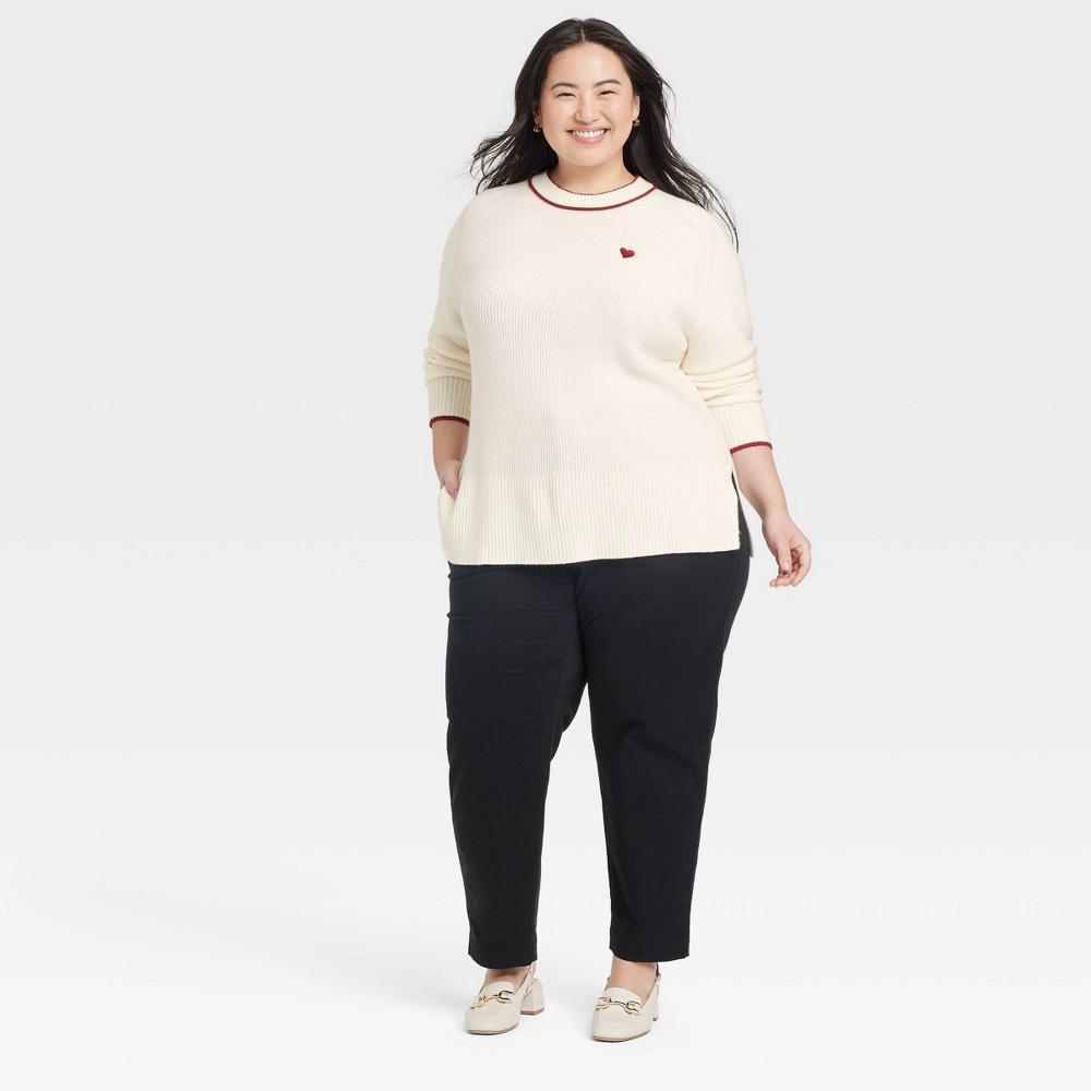 Women's Valentine's Crewneck Pullover Sweater - A New Day™ Cream Hearts XXL Product Image