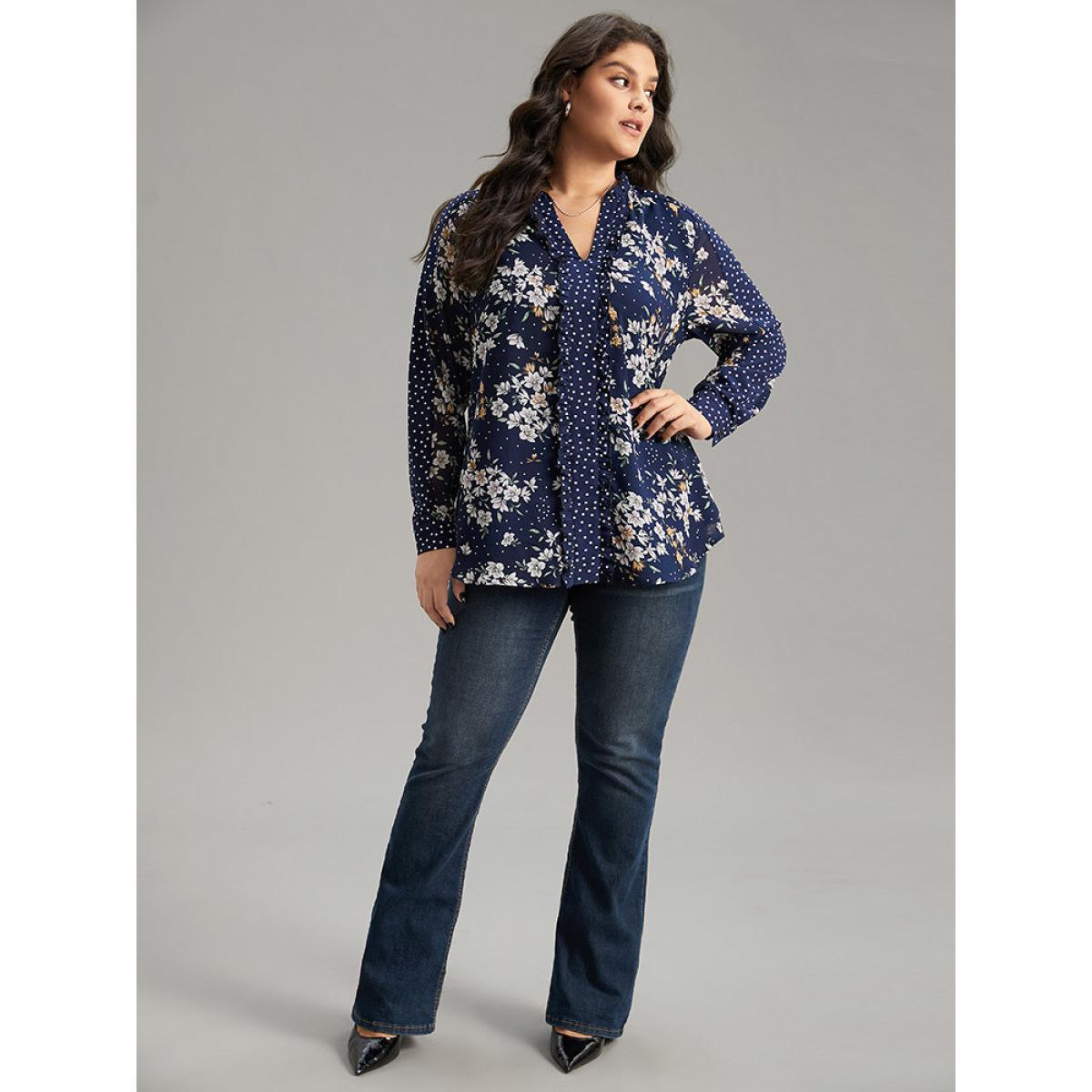 Plus Size DarkBlue Chiffon Floral Polka Dot Patchwork Frill Trim Mesh Blouse Women Elegant Long Sleeve V-neck Dailywear Blouses BloomChic 12/L Product Image