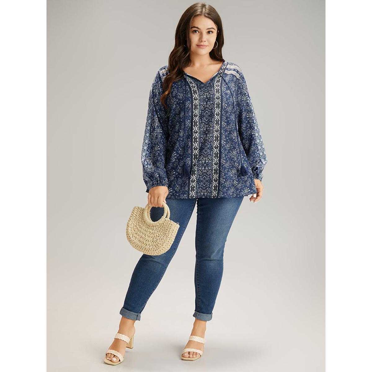 Plus Size Indigo Bandana Print Tassels Ties Blouse Women Vacation Long Sleeve Tie Neck Dailywear Blouses BloomChic 14-16/1X Product Image