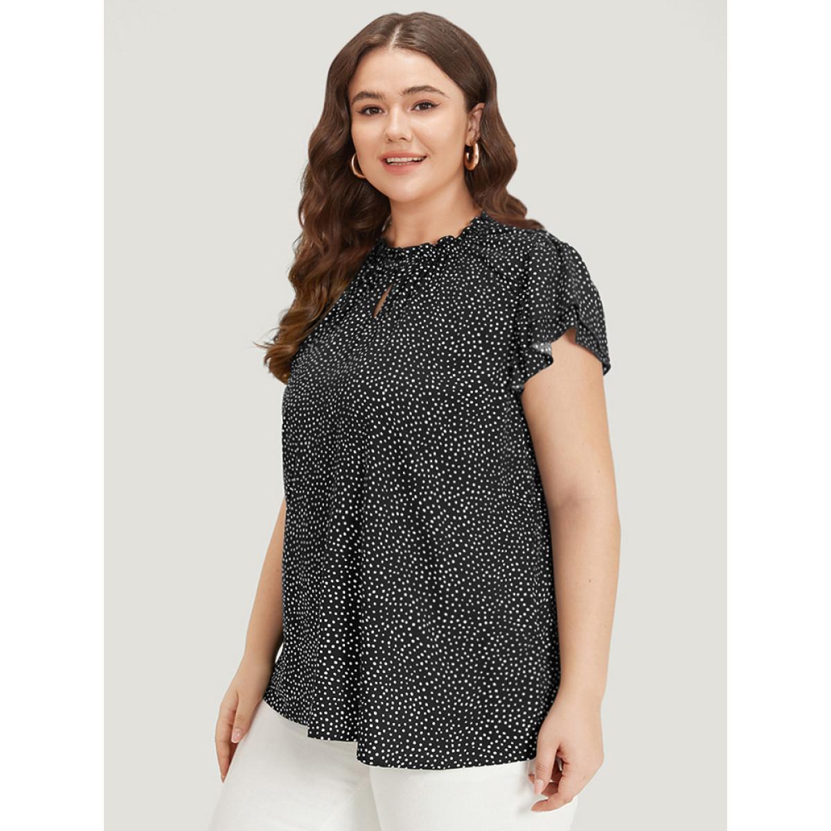 Plus Size Black Polka Dot Keyhole Flutter Trim Layered Blouse Women Office Cap Sleeve Halter neck Work Blouses BloomChic 12/L Product Image