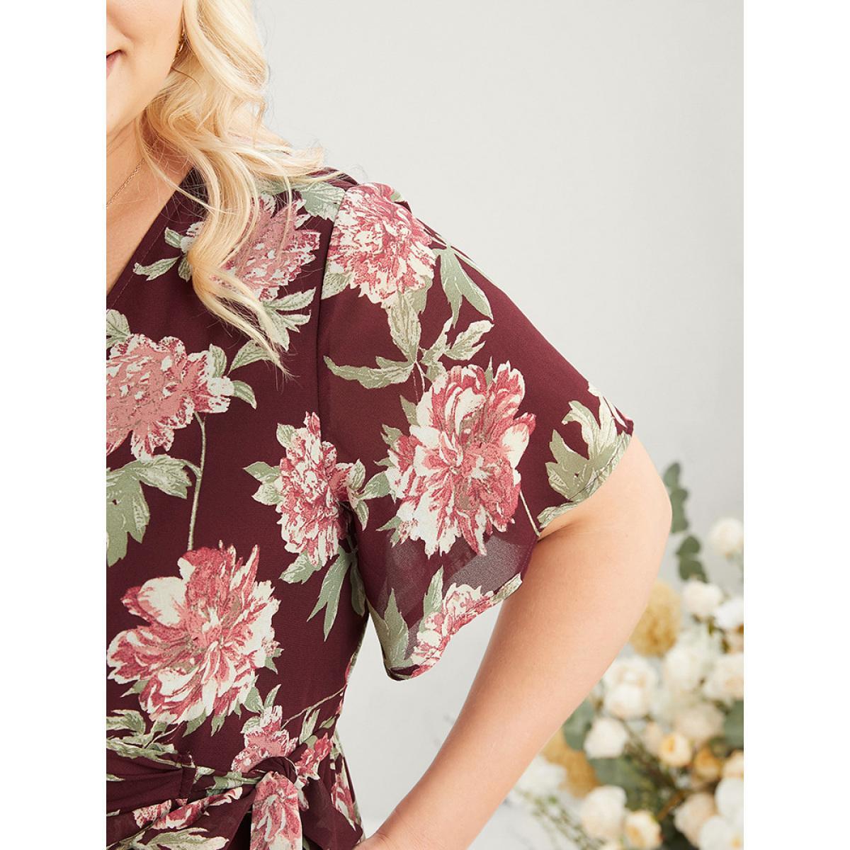 Plus Size Floral Print Belted Surplice Neck Flutter Pocket Maxi Dress Scarlet Women Elegant Wrap Overlap Collar Short sleeve Curvy Long Dress BloomChic 10/M Product Image