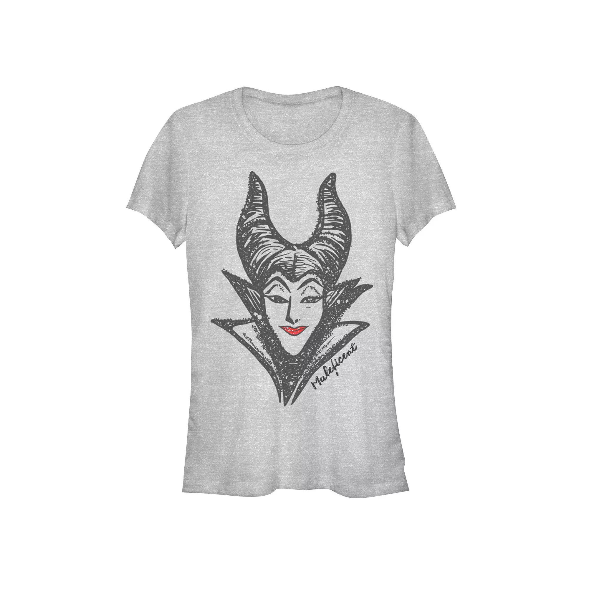 Disney Villains Sleeping Beauty Maleficent Head Sketch Juniors' Fitted Graphic Tee, Girl's, Size: Small, Athletic Grey Product Image