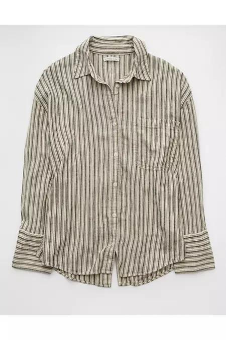 AE Linen-Blend Long-Sleeve Tie Back Button-Up Shirt Women's Product Image