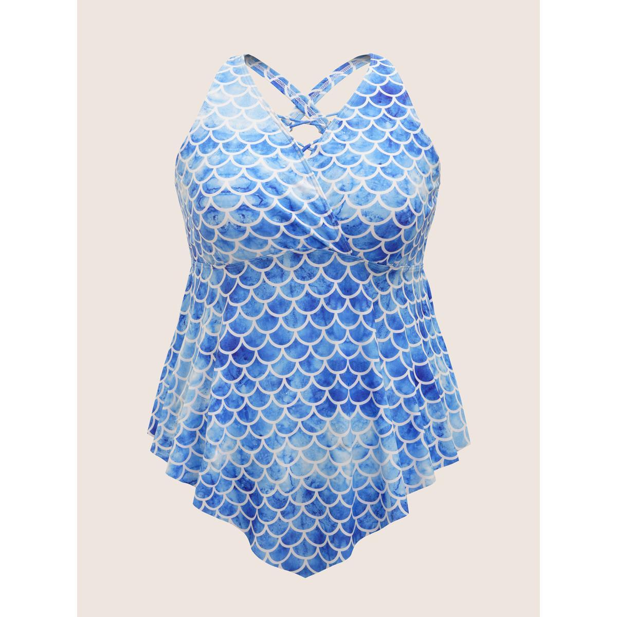 Plus Size Marine Elements Crisscross Hanky Hem Swim Top Women's Swimwear LightBlue Beach Asymmetrical High stretch Bodycon V-neck Curve Swim Tops BloomChic 26/4X Product Image