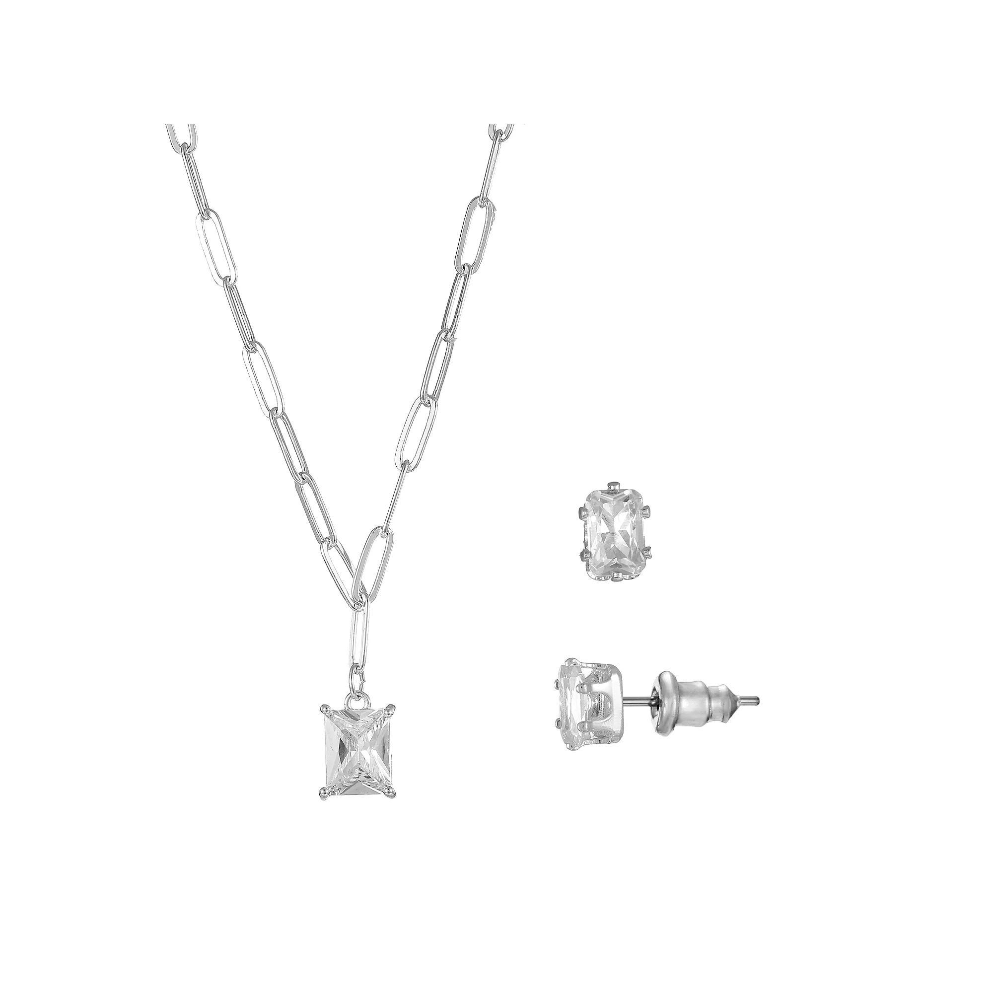 Silver Tone Cubic Zirconia Paperclip Chain Y-Necklace & Stud Earrings Set, Women's, Size: 18+3", Silver Tone Clear Product Image