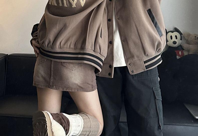 Couple Matching Letter Embroidered Faux Leather Panel Single-Breasted Baseball Jacket Product Image