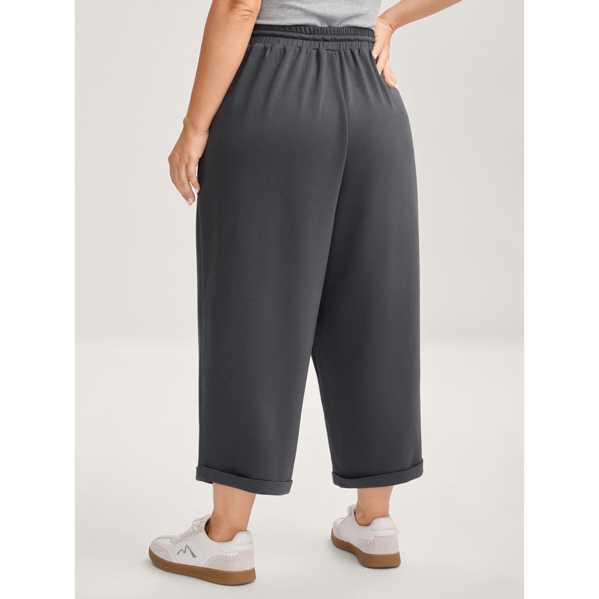 Plus Size Rolled Hem Drawstring Straight-Leg Pants Women Heather Casual Straight Leg Mid Rise Everyday-Casual Pants BloomChic 10/M Product Image